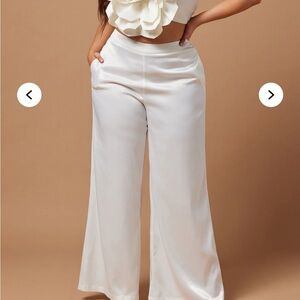 Fashion Nova Cream Wide-Leg satin suit pants with flower top